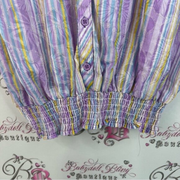 Shirt flowers ruffle details vintage Striped Purple Blouse with Floral Accents - Picture 7 of 10